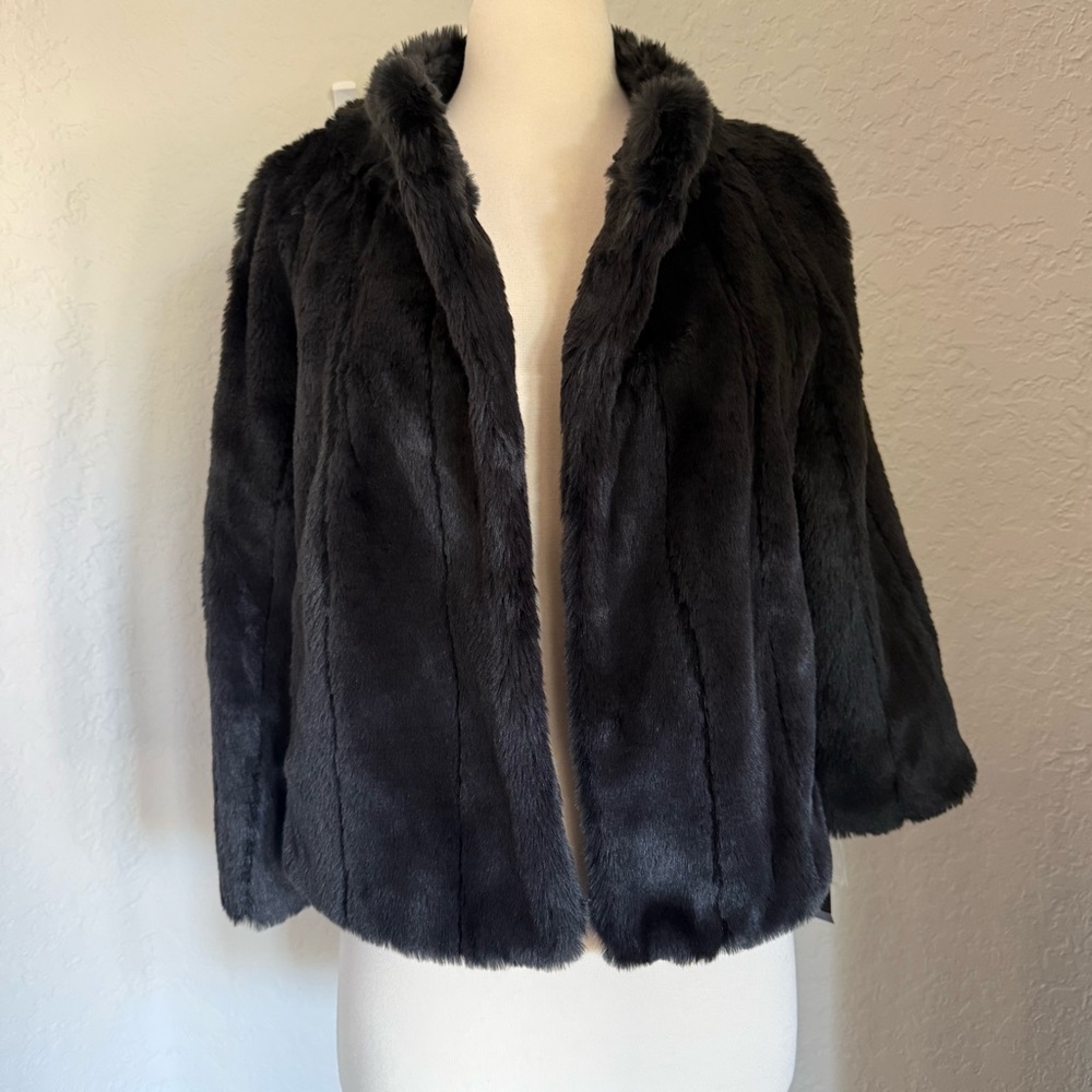 INC Elegant Black Faux Fur Cropped Open Front Jacket